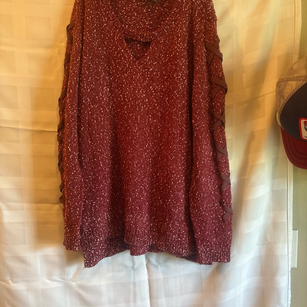 Rock & Republic Burgundy Sweater with Lace-Up Sleeves - Cross posted